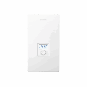 Chauffe-eau électrique instantané KOSPEL KDE5 LCD blanc avec écran digital affichant 45°C et bouton de contrôle température