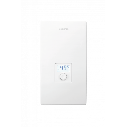 Chauffe-eau électrique instantané KOSPEL KDE5 - Contrôle précis de température via écran LCD Chauffe-eau électrique instantané KOSPEL KDE5 LCD blanc avec écran digital affichant 45°C et bouton de contrôle température